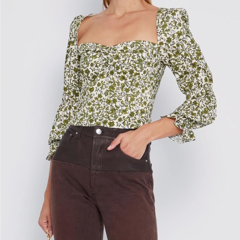 Floral Square-Neck Puff Sleeve Blouse - Green/White